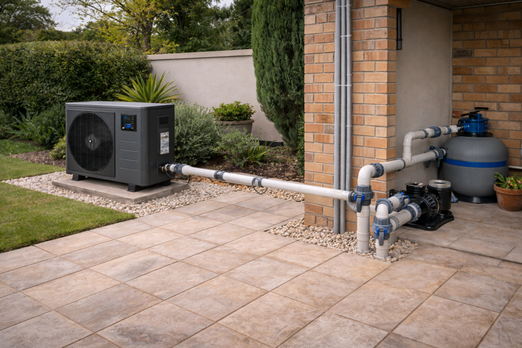 Backyard pool heat pump installation
