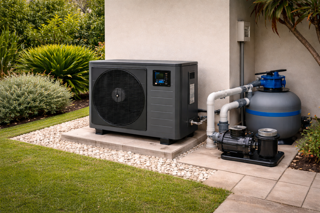 Modern heat pump installation in backyard