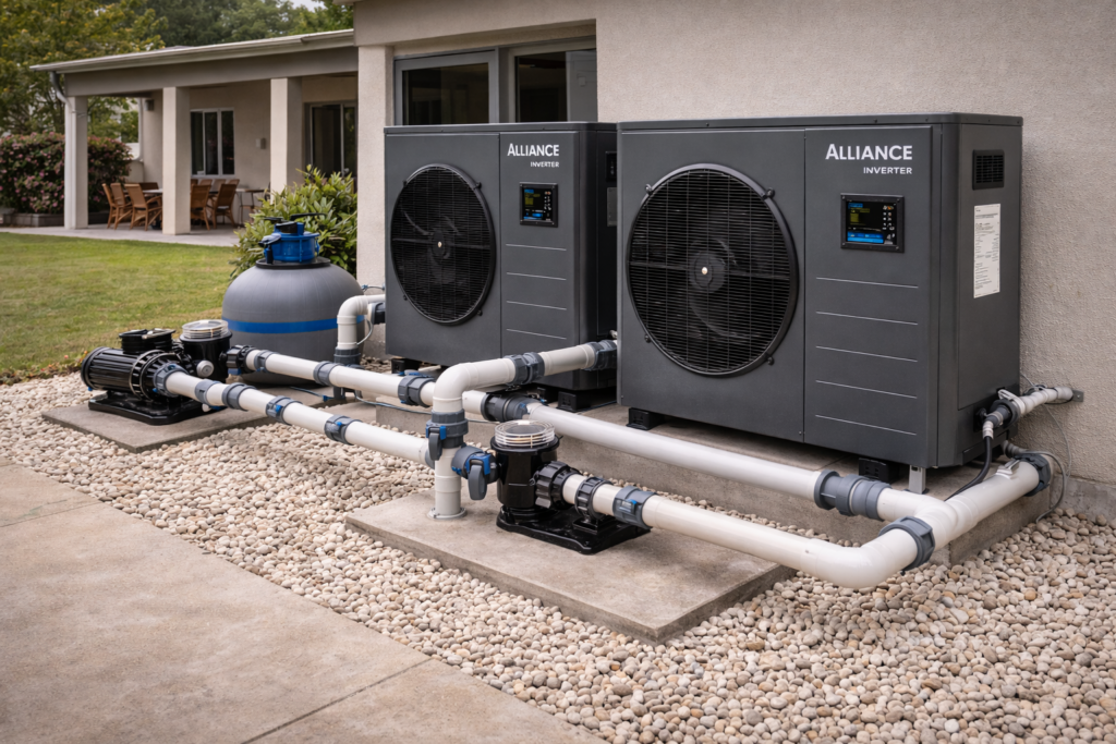 Outdoor pool heat pump installation at guesthouse