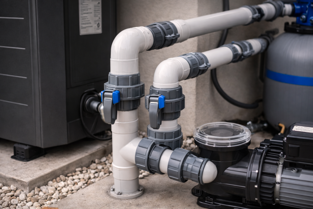 Pool heat pump plumbing installation close-up